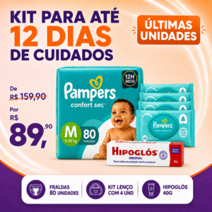 Kit Pampers para Até 12 Dias de Cuidados – Fraldas 80 Unds + 4 pcts Lenços + Hipoglós 40g